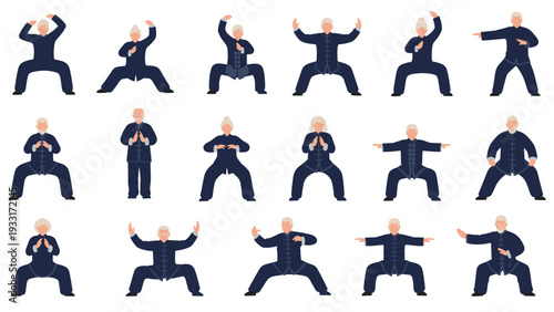 Diverse group of elderly men and women practicing various Tai Chi movements, demonstrating the graceful postures and health benefits of this traditional Chinese martial art.