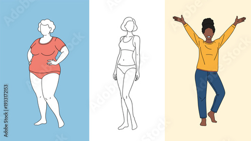 Three diverse female body types, including plus-size, slim outline, and a joyful black woman, celebrating body positivity, self-acceptance, and inclusivity.