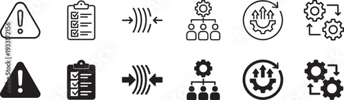 Business continuity icon set with disaster recovery, risk management, backup and planning line symbols.
