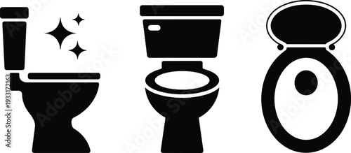 Toilet bowl silhouette icon set featuring bathroom WC symbols with open and closed lid isolated on dark background hygiene concept