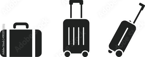 Travel suitcase silhouette icon set featuring luggage bag and trolley case isolated on dark background tourism concept vector illustration