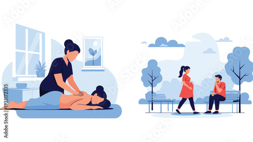 Two scenes featuring a woman receiving a relaxing back massage, and a pregnant woman walking in a park, illustrating wellness, self-care, and expectant motherhood.