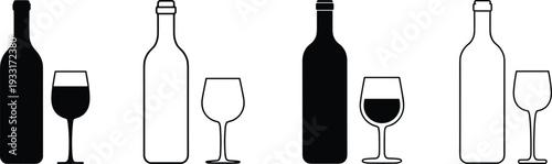 Wine bottle and glass silhouette vector set featuring red and white wine icons isolated on dark background beverage illustration
