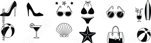 Summer Beach Icon Set with Sunglasses Bikini Cocktail Surfboard and Fashion Accessories Silhouette
