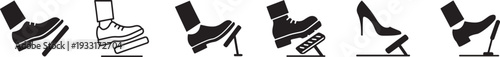 Silhouette car pedal icon set with brake, clutch, accelerator and automotive driving symbols.