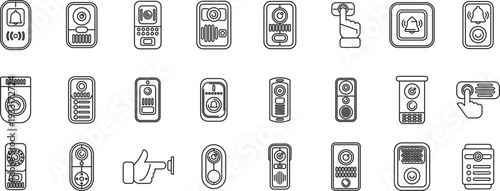 Collection of 24 minimalist line art icons featuring various smart doorbell designs, intercom systems, and touch-sensor entry devices.