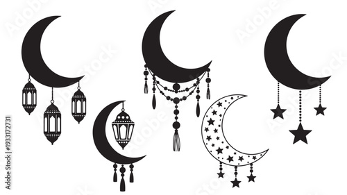 Set of 5 Ramadan crescent moon and lantern icons vector