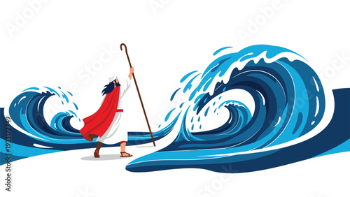 Moses, holding his staff and wearing a red cloak, standing powerfully amidst giant parting blue waves, depicting the iconic biblical story of the Red Sea.