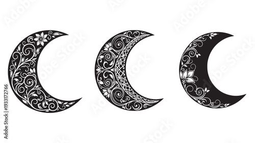 Set of 3 crescent moon icons vector