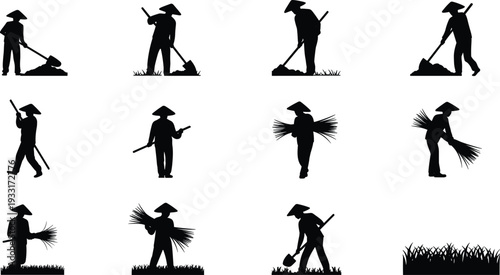 Traditional farming silhouette, agricultural labor, conical hat workers, planting harvesting, manual cultivation, rural lifestyle, crop production, cultural heritage, black outline art