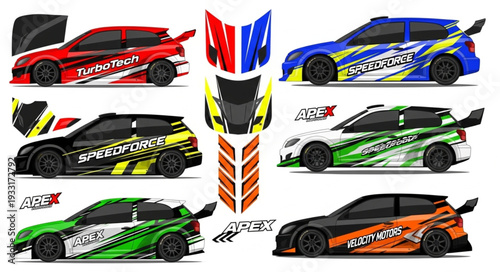 Collection of vibrant racing car designs with dynamic graphics and bold colors for speed.