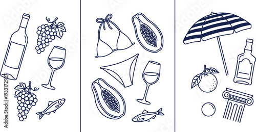 Summer, vacation, collection, outline, wine, fruit, bikini, umbrella, beach, tropical, food, drink, travel, leisure, illustration, lifestyle, holiday, design, set, clipart