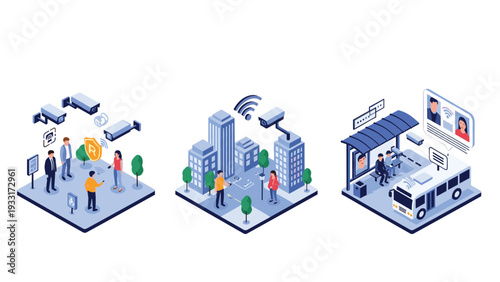 Three isometric smart city scenes depicting surveillance cameras, Wi-Fi connected buildings, and smart bus stops, illustrating advanced urban technology and public safety.