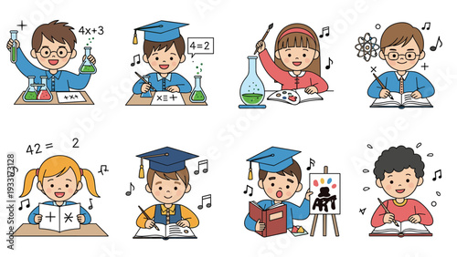 Diverse group of children engaged in various educational activities, including science, math, and art, representing different school subjects and learning styles.