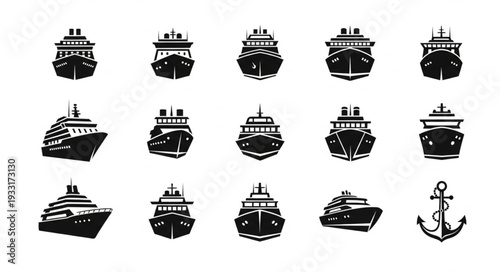 Collection of various black and white ship illustrations and an anchor.