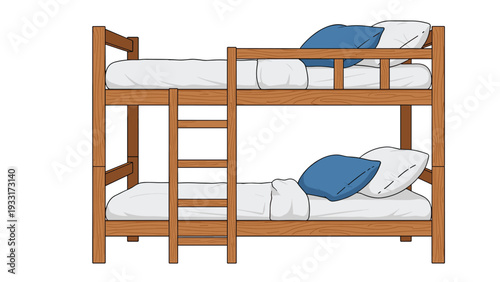 Simple wooden bunk bed with white mattresses and blue pillows, illustrating a practical sleeping arrangement for shared rooms or children's bedrooms.