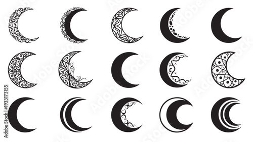 Set of 12 crescent moon icons vector