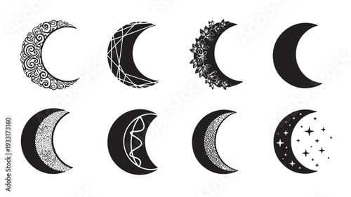 Set of 8 crescent moon icons vector
