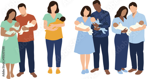 Set of Diverse Family Illustrations Featuring Flat Design Parents Holding Newborn Babies, Multiracial Couples, and Single Mothers with Infants Vector