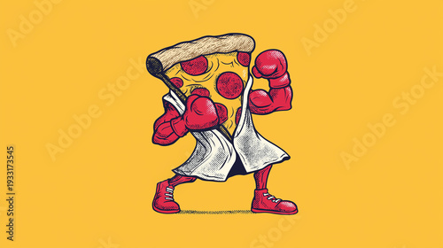 A stylized pop art image of a pizza slice dressed in a boxing robe, comically flexing its doughy muscles