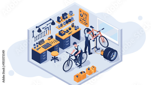 Isometric illustration of a bicycle repair shop with two mechanics working on bikes, surrounded by tools and spare parts, depicting a professional bike service and maintenance.