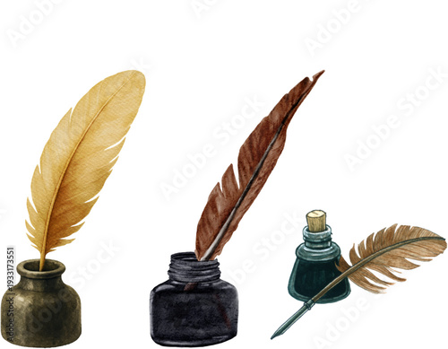 Three watercolor illustrations of vintage quill pens and inkwells, depicting historical writing instruments for calligraphy and correspondence.