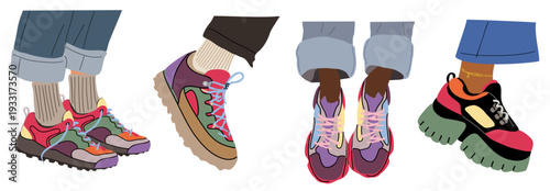 Set of pairs of legs wearing vibrant, chunky sneakers with bold multicolor panels. Flat vector illustration isolated on transparent background.
