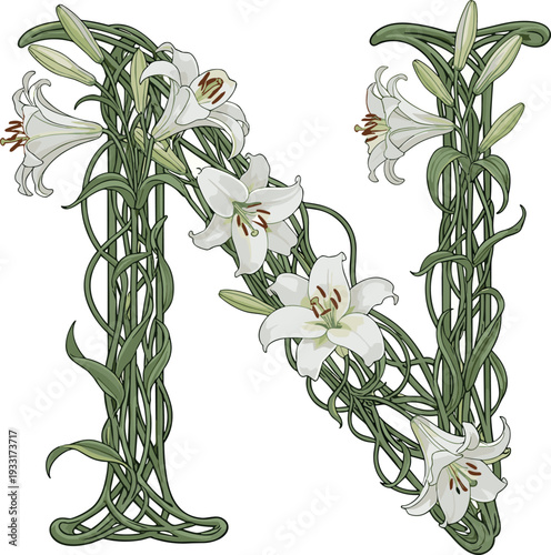 The letter N is creatively designed using white lilies and green vines on transparent background