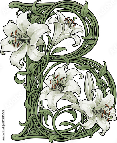 A decorative letter B adorned with white lilies on transparent background