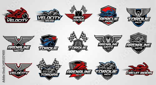 Motorcycle Racing Logos Collection - Adrenaline, Torque, Velocity, and Drift Designs.