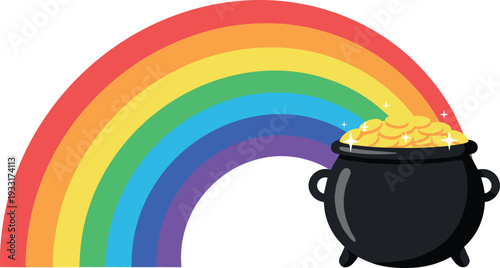 A colorful rainbow arching over a pot of gold coins on transparent background