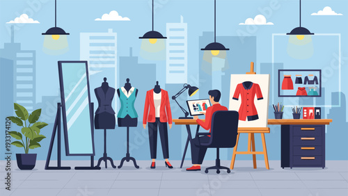 Fashion designer working on a laptop with design software, surrounded by mannequins, a mirror, and an easel, depicting a creative design studio and clothing creation process.