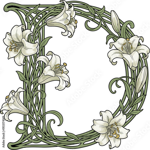 A decorative floral letter D made of intertwined green vines decorated with white lilies on transparent background