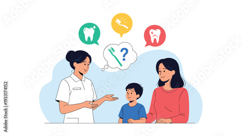 Healthcare professional discussing dental care options with a mother and child using informative icons in speech bubbles.