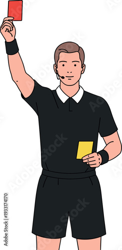 A referee is signaling a penalty with a red card on transparent background