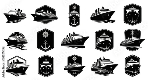 Collection of various black and white cruise ship logo designs.