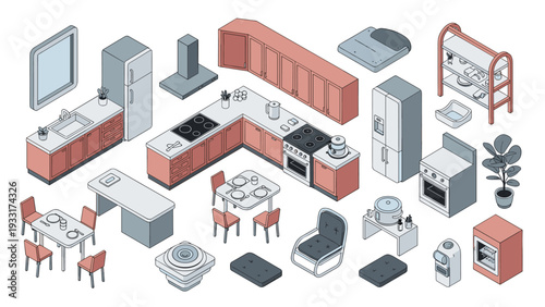 Isometric collection of various kitchen furniture and appliances, including cabinets, stoves, refrigerators, ovens, tables, and chairs, perfect for interior design and planning.