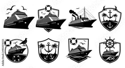 Collection of various cruise ship emblems and nautical themed illustrations in black and white.
