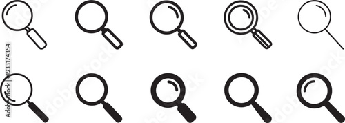 Magnifying glass icon set. Search, zoom and explore thin line vector symbols collection pack.