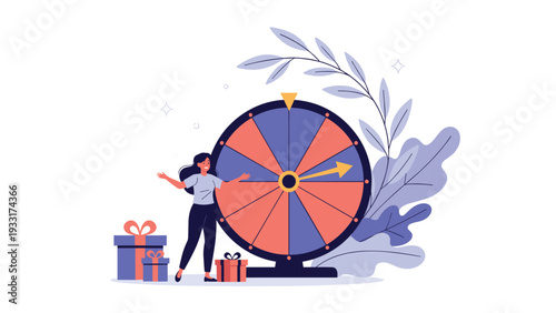 Young woman stands smiling next to a large spinning wheel of fortune and wrapped gift boxes, anticipating a prize or reward.