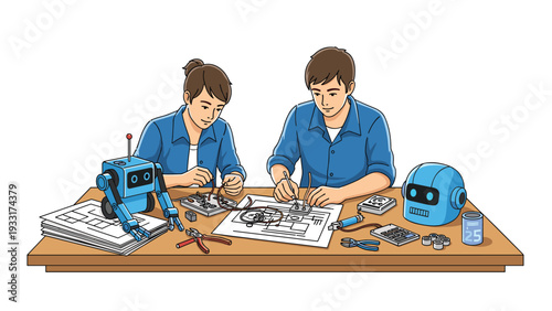 Two young people collaboratively working at a desk, assembling robots and electronic components with blueprints and tools, depicting STEM education, robotics, and engineering.