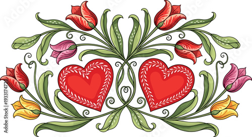 A symmetrical decorative floral design featuring intertwined hearts and colorful flowers on transparent background