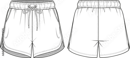 Women athletic shorts vector illustration, front and back view, elastic waistband drawstring design, sportswear apparel technical fashion flat sketch template