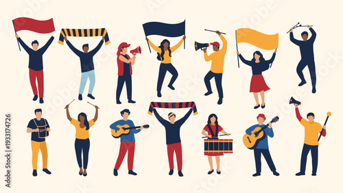 Lively group of diverse individuals engage in celebration or protest, holding up flags, shouting through megaphones, and playing various musical instruments.