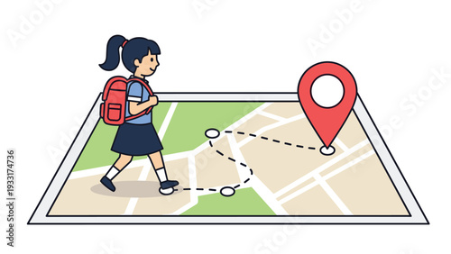 Educational illustration of a young schoolgirl walking along a designated path on a street map towards a red location pin.