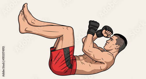 Athlete in training performs sit up exercise isolated on a neutral background