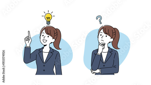 Businesswoman showing two states of mind: one of deep contemplation and one of joyfully discovering a bright new idea.