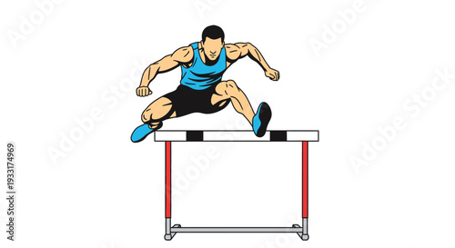 Athlete jumping over hurdle isolated on white background athletic competition