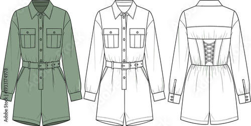 Women belted shirt romper vector illustration, long sleeve utility playsuit with lace up back detail front and back fashion technical drawing