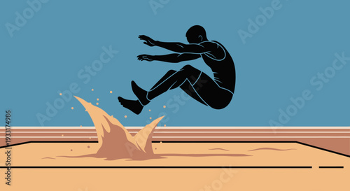 Athlete leaping across sand pit at sports track in stylized illustration